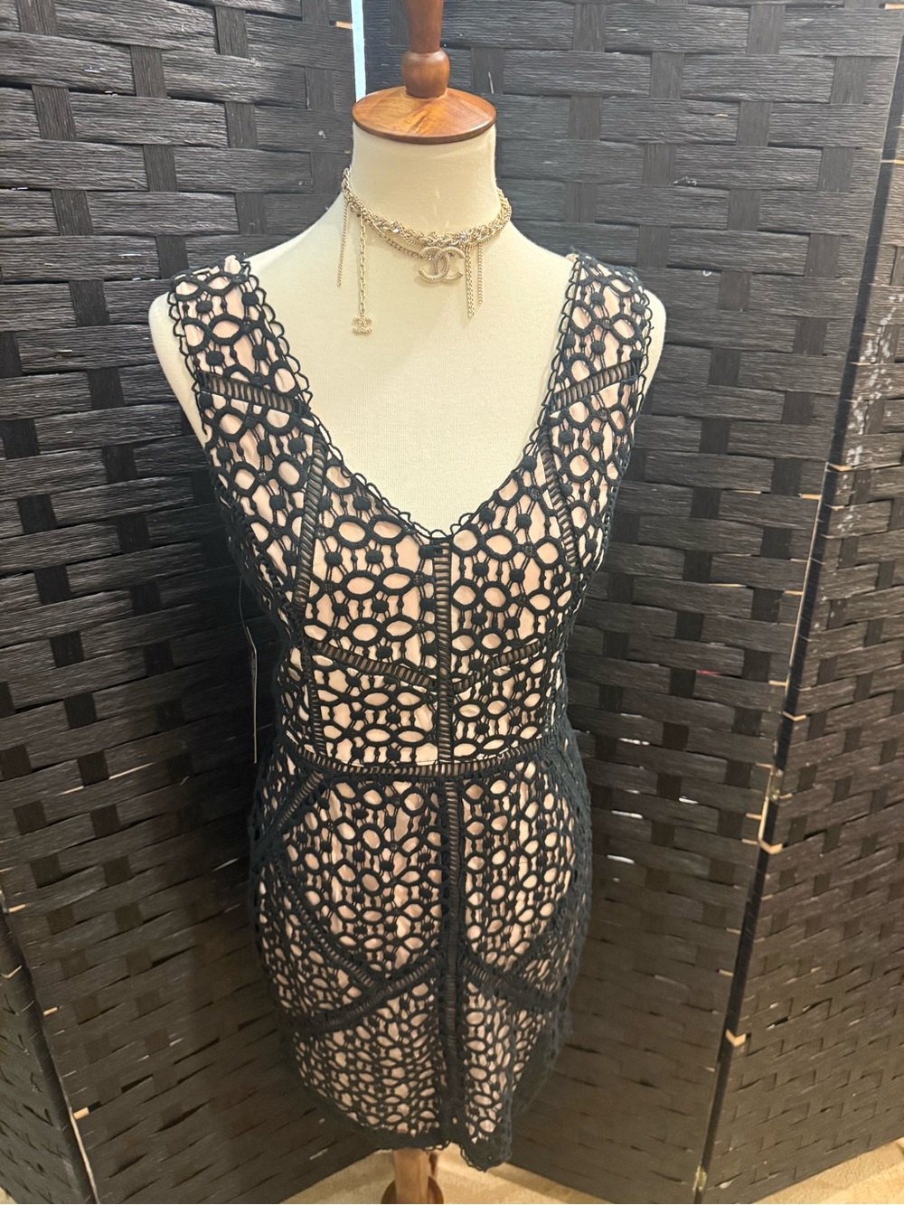 Greylin Black Crochet Overlay Mini Dress with Nude Lining